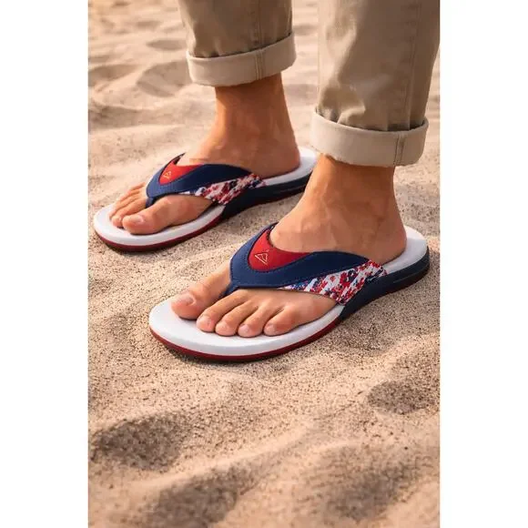 Reef Fanning Patriotic Flip Flops Mens 13 Red White Blue Bottle Opener Sandals - Picture 1 of 5